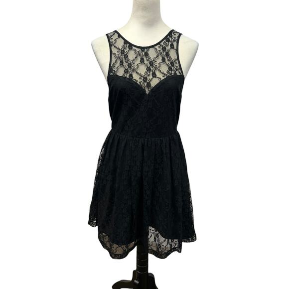 Romantic black lace overlay dress sheer mesh sleeveless illusion neckline M - Picture 1 of 8